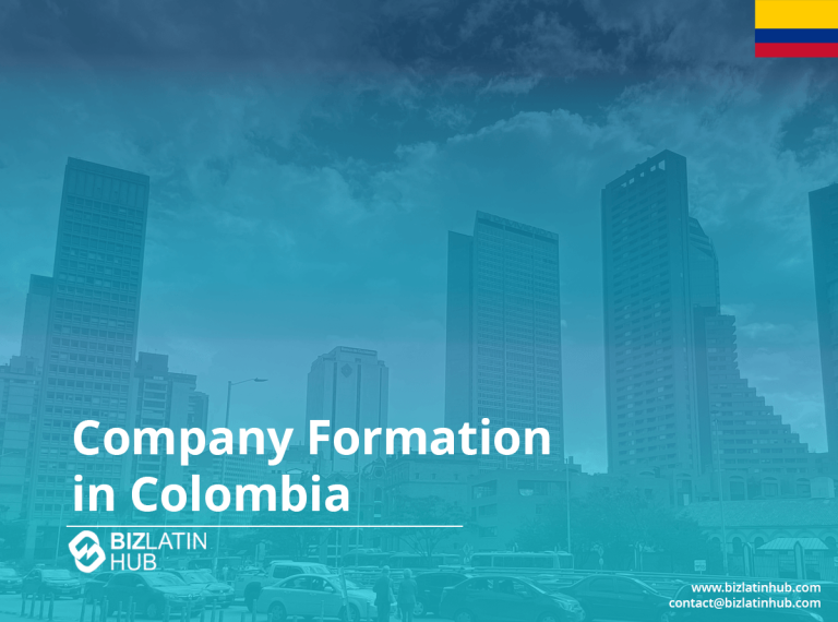 Imagen de un paisaje urbano con edificios altos bajo un cielo parcialmente nublado. El texto dice "Formación de empresas en Colombia" con el logotipo de Biz Latin Hub. La información de contacto aparece en la parte inferior.