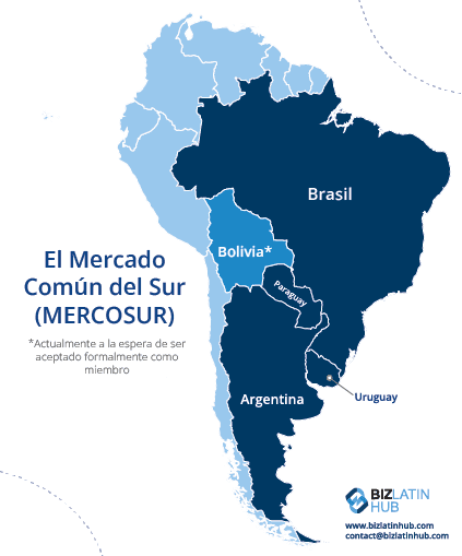 Un mapa del MERCOSUR (Mercado Común del Sur) para un artículo sobre hacer negocios en Paraguay.