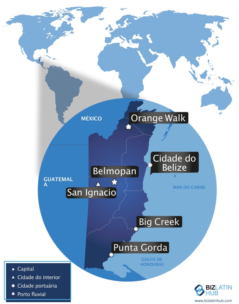   Mapa de Belize destacando a localização de várias cidades e vilas, incluindo Belmopan, Orange Walk, San Ignacio, Cidade de Belize, Big Creek e Punta Gorda.
Situado na América Central, ele mostra as fronteiras com o México e a Guatemala e destaca o Golfo de Honduras.
As leis trabalhistas de Belize se aplicam a todo o país.  