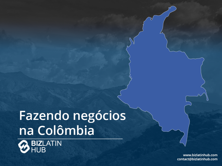 Um infográfico intitulado "Doing Business in Colombia" (Fazendo negócios na Colômbia) apresenta um mapa de silhueta azul da Colômbia à direita e o texto "Doing Business in Colombia" (Fazendo negócios na Colômbia) ao lado do logotipo do BizLatin Hub à esquerda. O plano de fundo mostra uma paisagem montanhosa. As informações de contato estão na parte inferior.