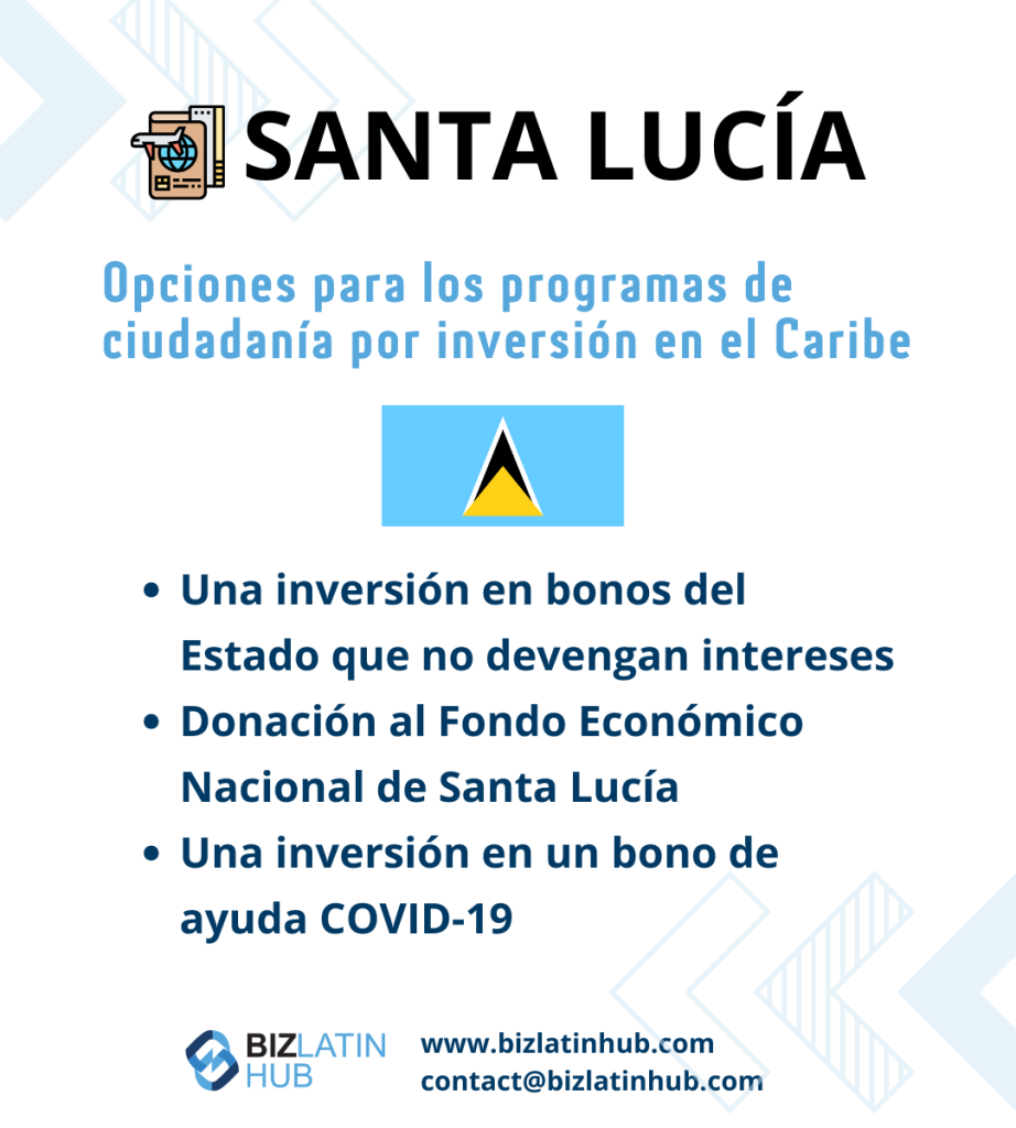 Gráfico informativo con el título "Santa Lucía: Opciones para los programas de ciudadanía caribeña por inversión". Las opciones enumeradas incluyen la inversión en bonos del Estado que no devengan intereses, la donación al Fondo Económico Nacional de Santa Lucía y la inversión en un bono de ayuda COVID-19, junto con información sobre los servicios jurídicos en Santa Lucía. 