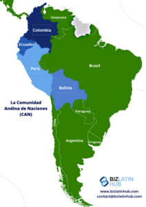 Mapa de Sudamérica en el que se destacan los países miembros de la Comunidad Andina en tonos azules.
El mapa incluye Colombia, Ecuador, Perú y Bolivia.
Lleva por título "La Comunidad Andina de Naciones (CAN)" e incluye el logotipo de BizLatinHub e información de contacto en la parte inferior.  