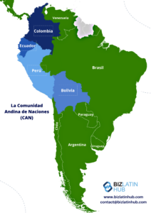 Servicios de asesoría fiscal en Ecuador:
Mapa de Sudamérica en el que se destacan los países miembros de la Comunidad Andina de Naciones (CAN) en tonos azules. Los países son Colombia, Ecuador, Perú y Bolivia. El resto de Sudamérica está marcado en verde. Logotipo de BizLatin Hub y datos de contacto de la base de datos de marcas de la Comunidad Andina en la parte inferior.   