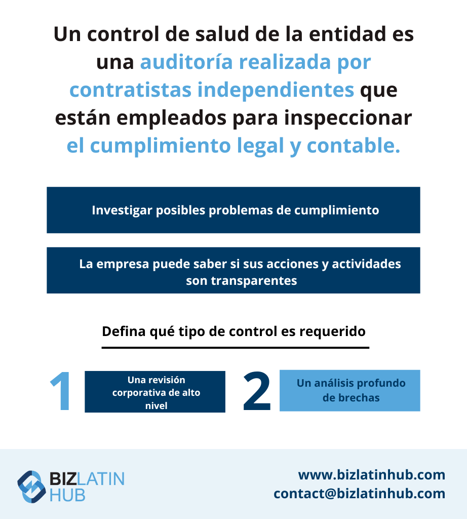 Infografía titulada "El chequeo de una entidad" con una persona de dibujos animados sosteniendo una lupa.
Explica que las auditorías realizadas por contratistas independientes, como un auditor en Uruguay, inspeccionan el cumplimiento contable y legal.
Distingue entre un "chequeo de salud de la entidad de alto nivel" y "un análisis en profundidad de las deficiencias".  