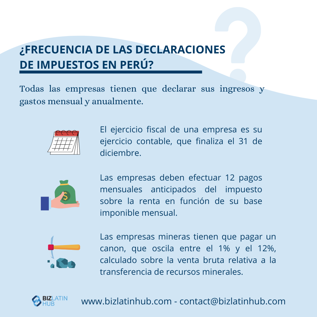 Precios de transferencia en Perú: Un gráfico titulado "¿Frecuencia de las declaraciones de impuestos en Perú?" resume los requisitos fiscales y contables, detallando el año fiscal que finaliza el 31 de diciembre. Las empresas deben efectuar 12 pagos anticipados del impuesto a la renta en función de su renta imponible mensual. Las empresas mineras pagan regalías de 1%-12%. Los datos de contacto figuran al final.   