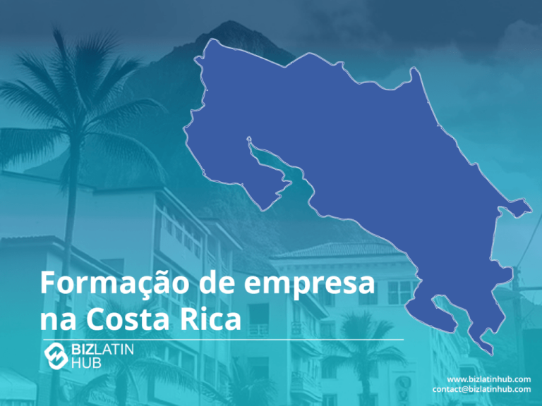 Uma imagem promocional do BizLatin Hub com o contorno de um mapa da Costa Rica em um fundo turquesa. Palmeiras e um edifício são visíveis ao fundo. O texto diz: "Company Formation in Costa Rica" (Formação de empresa na Costa Rica) com o logotipo do BizLatin Hub e informações de contato.