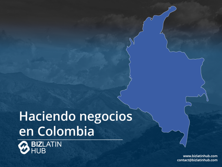 Un contorno azul de Colombia sobre un fondo de montañas con el texto "Haciendo negocios en Colombia". El logotipo de Biz Latin Hub y la información de contacto se encuentran en la parte inferior.