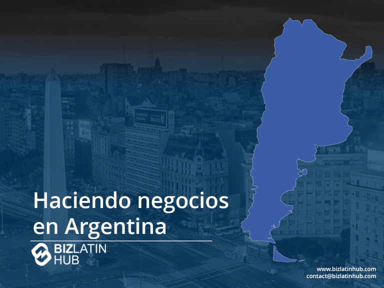 Un mapa de Argentina en azul se superpone a una vista aérea gris de un paisaje urbano con el texto "Hacer negocios en Argentina" y "BizLatin Hub" acompañados de un logotipo. Los datos de contacto aparecen en la parte inferior derecha.