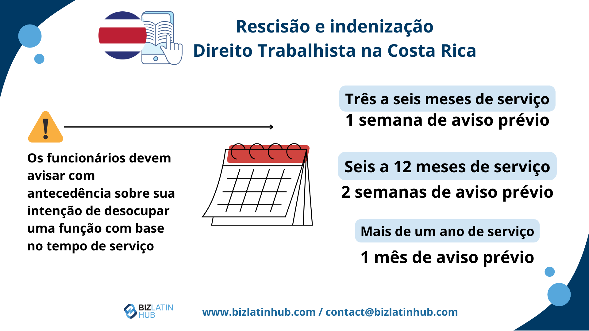 O que diz a legislação trabalhista da Costa Rica?
Como funcionam as rescisões de acordo com a lei?
Obtenha orientação dos especialistas em direito trabalhista da América Latina e do Caribe no Biz Latin Hub.  