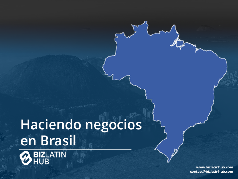 El contorno de un mapa de Brasil sobre un fondo azul sombreado con el texto "Hacer negocios en Brasil". La imagen incluye el logotipo de Bizlatin Hub e información de contacto en la parte inferior: www.bizlatinhub.com y contact@bizlatinhub.com.