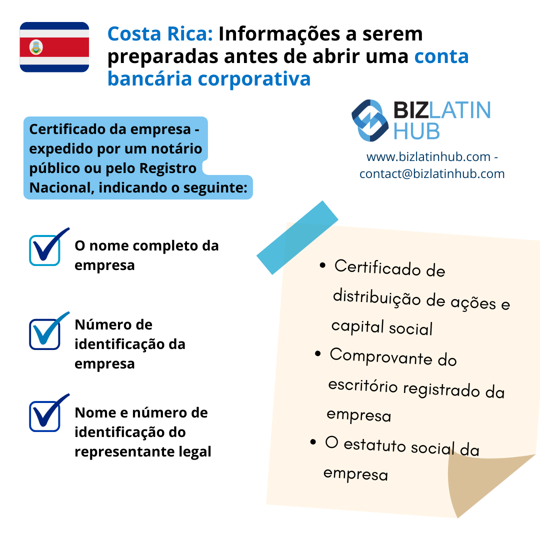 Alguns documentos e informações que o senhor deve preparar ao abrir uma conta bancária corporativa na Costa Rica. Um artigo e um infográfico do Biz Latin Hub. 