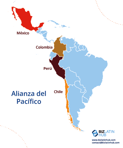 Un mapa de la Alianza del Pacífico en el que se destaca a México, Colombia, Perú y Chile en distintos colores.
Los países están marcados en un mapa de las Américas.
En la parte inferior derecha aparece el logotipo y la información de contacto de la externalización de la contratación y el reclutamiento de Biz Latin Hub en Perú.  