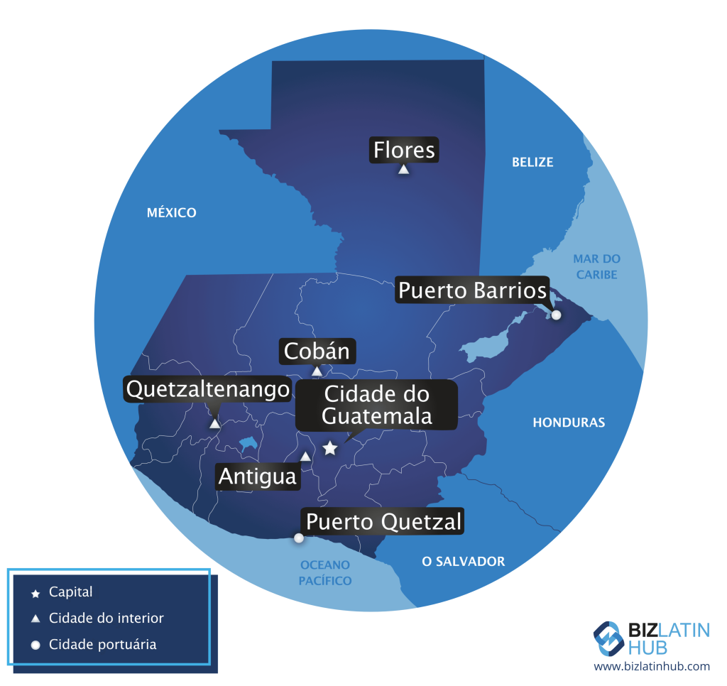 Um mapa da Guatemala e sua localização geográfica no mundo.