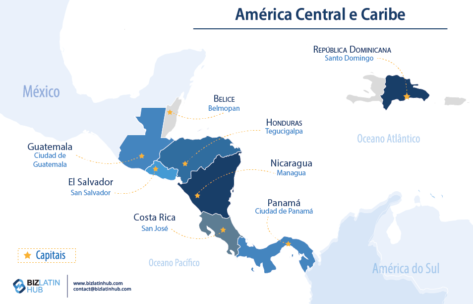 Um mapa que representa os países que compõem a América Central e o Caribe.
Os processos de registro de marcas comerciais diferem de país para país. 