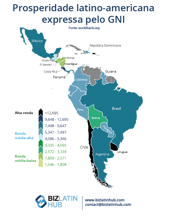 Mapa de prosperidade da América Latina. Calculadora de folha de pagamento. Calculadora de custos de emprego. Infográfico do Biz latin hub.   