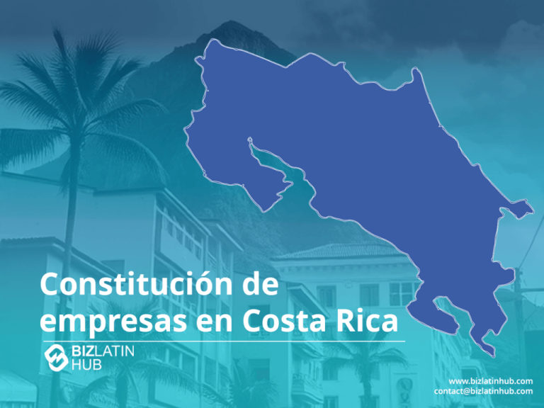 Imagen promocional de BizLatin Hub con el contorno de un mapa de Costa Rica sobre un fondo turquesa. En el fondo se ven palmeras y un edificio. El texto dice: "Formación de empresas en Costa Rica" con el logotipo de BizLatin Hub e información de contacto.