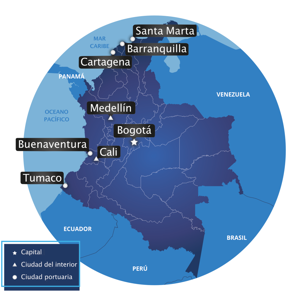 Mapa de Colombia en el que se destacan varias ciudades clave, como Bogotá, Medellín, Cali, Cartagena, Barranquilla y Buenaventura.
Las capitales están marcadas con un símbolo específico.
El mapa también muestra los países circundantes y las masas de agua relevantes para el sector de la inversión.  