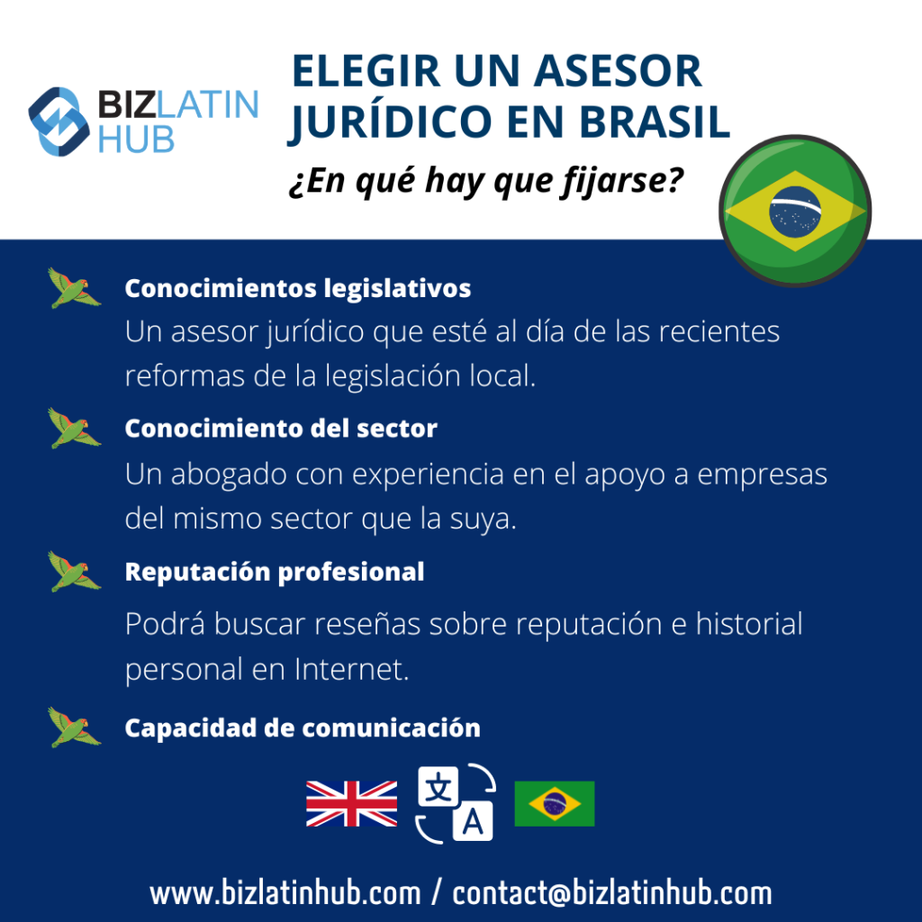 Una infografía de BizLatin Hub titulada "Elegir un asesor jurídico en Brasil: ¿En qué fijarse?" presenta consejos: Conocimiento legislativo, Conocimiento del sector, Reputación profesional y Habilidades de comunicación. Los iconos incluyen una bandera brasileña y banderas que representan diferentes idiomas. 