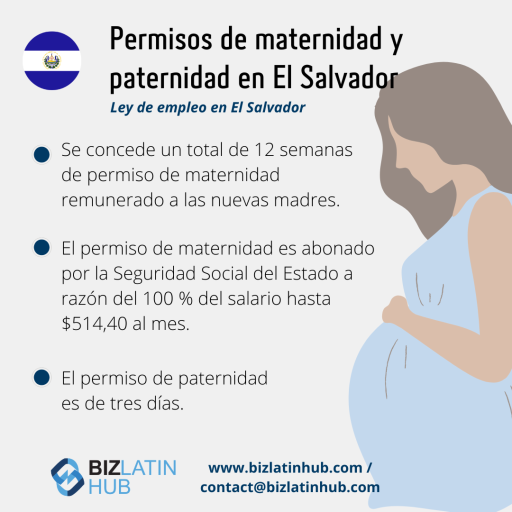 Infografía titulada "Permisos de maternidad y paternidad en El Salvador" con una ilustración de una mujer embarazada. Detalles del texto: 12 semanas de permiso de maternidad remunerado, permiso de maternidad pagado por la seguridad social estatal al 100% del salario hasta 514,40 $/mes, 3 días de permiso de paternidad según la legislación laboral de El Salvador. 