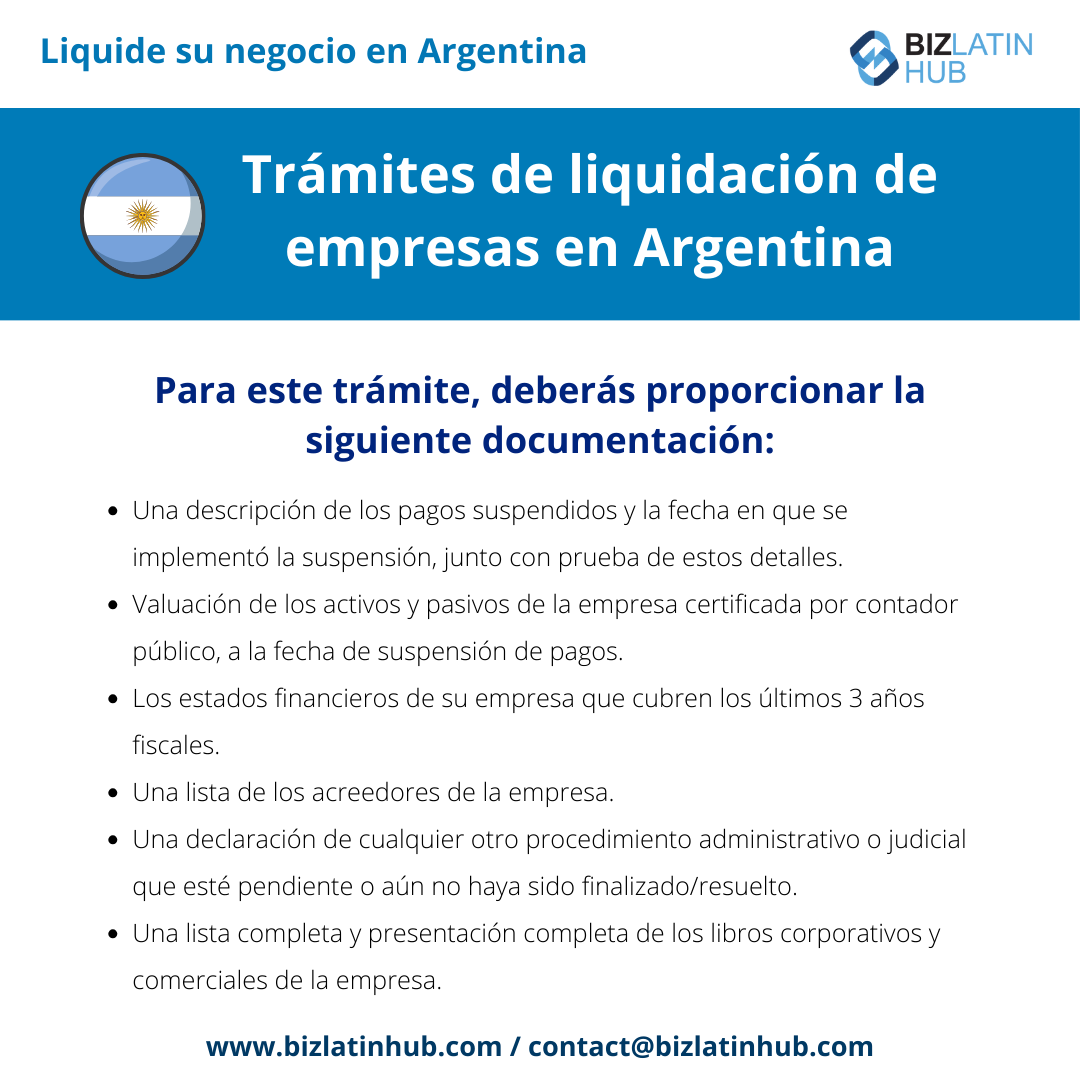 Imagen que contiene un texto titulado "Trámites de liquidación de empresas en Argentina" con el subtítulo "Para este trámite, necesitarás aportar la siguiente documentación:" seguido de una lista con viñetas de los documentos requeridos. En la parte inferior aparece "www.bizlatinhub.com / contact@bizlatinhub.com". 