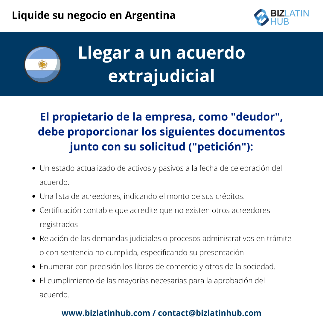 Infografía titulada "Llegar a un acuerdo extrajudicial" que contiene los pasos necesarios para que el propietario de una empresa ("deudor") gestione la liquidación de su negocio en Argentina. Incluye detalles sobre los documentos necesarios, como declaraciones de bienes, datos de los acreedores y certificaciones legales. 